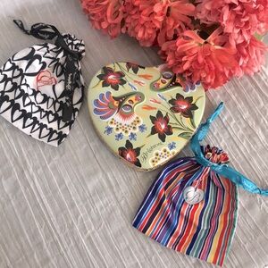 Vintage BRIGHTON colorful small silk feel jewelry pouches dust bags & heart tin